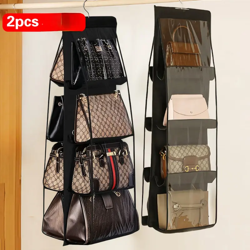 2pcs A Set of Hanging Handbag Organizers Bag Hanger Bag Holder Featuring Eight Pockets. This Space-Saving, Foldable Storage Solution Is Ideal for All Kinds of Bags And Wallets, And It Has No Odor with Double-Sided Storage