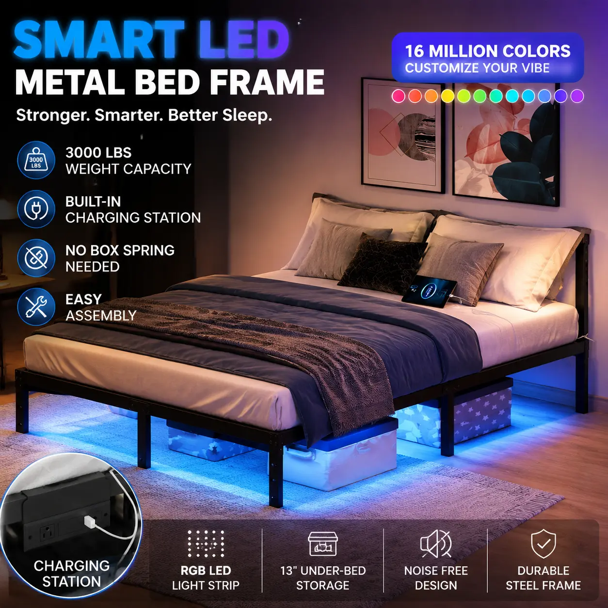 14-In Heavy Duty Metal Platform Bed Frame with RGB Color-Changing LED Lights, Simple Modern Design Under-Bed Storage Space, Led Bed Frame queen
