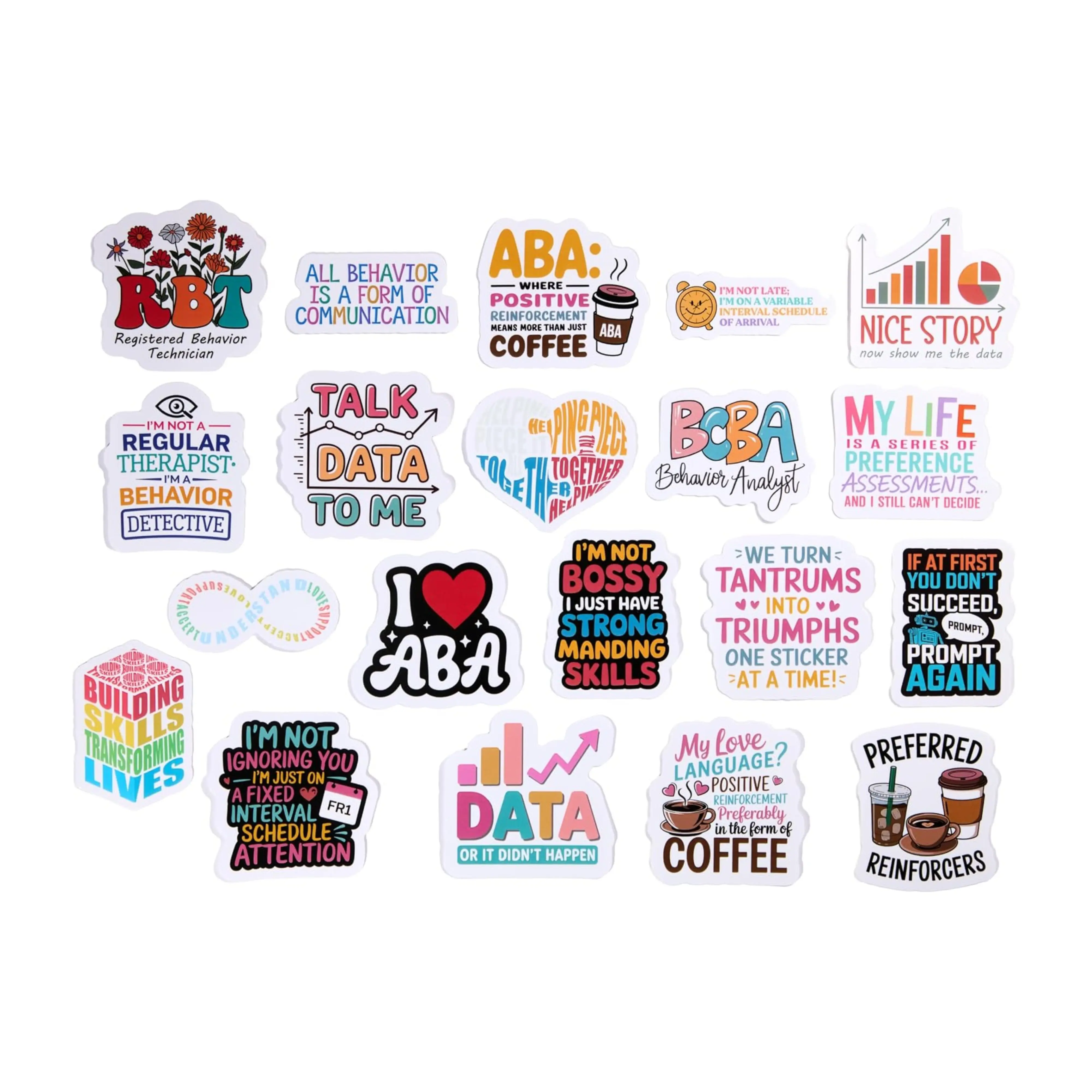 ABA Sticker Pack – 20 Waterproof Vinyl Stickers for RBTs, BCBAs, Speech Therapists & Special Education Professionals