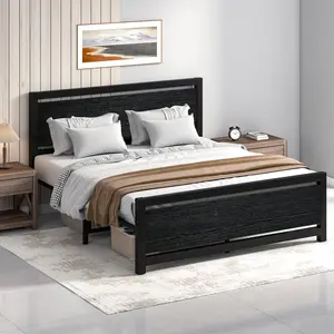 [Memorialday] HOMBCK Bed Frame with Wood Headboard, with Strong Steel Slat Support, Heavy Duty Platform Bed, Under Bed Storage, No Box Spring Needed