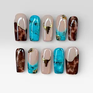 Western Gold Cow Print Nail Art, 3D Turquoise Cowgirl Press On Nails