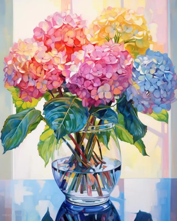 Azalea window view in a glass vase, oil-by-number painting, suitable for adults, exquisite DIY flower oil painting by number, acrylic paint on canvas, colored flowers, 16x20 inches (framed/unframed).