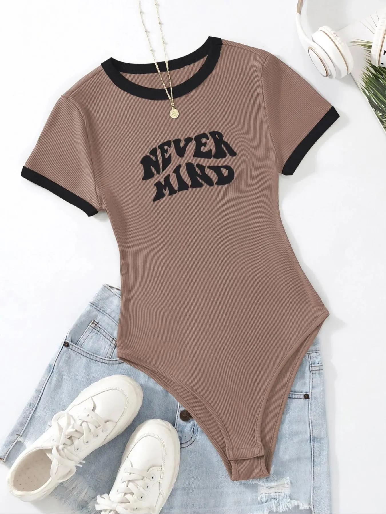 Women's Letter Print Crew Neck Skinny Bodysuit, Casual Slim-fitting Short Sleeve Bodysuit for Daily Wear, Ladies Clothes for All Seasons, Bodysuits Women