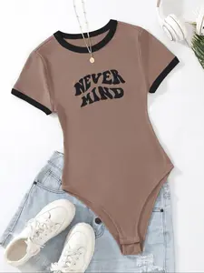 Women's Letter Print Crew Neck Bodysuit, Casual Slim-fitting Short Sleeve Round Neck Bodysuit for Daily Wear, Ladies Clothes for All Seasons, Ribbed Bodysuits, Womenswear