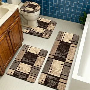 Bathroom Rug Set, Flannel Absorbent Non-Slip Bath Mats, Retro Geometric Grid Design, Washable Floor Mats for Tub, Shower, Toilet, U-Shaped Contour Mat & Lid Cover for Bathroom Decor