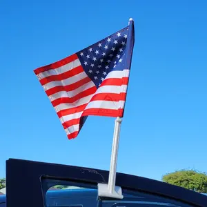 USA Double-Sided Car Window Flag 18" x 11.5" with 20.5" Pole & 2.5" Clip-On for Visible Display and Support