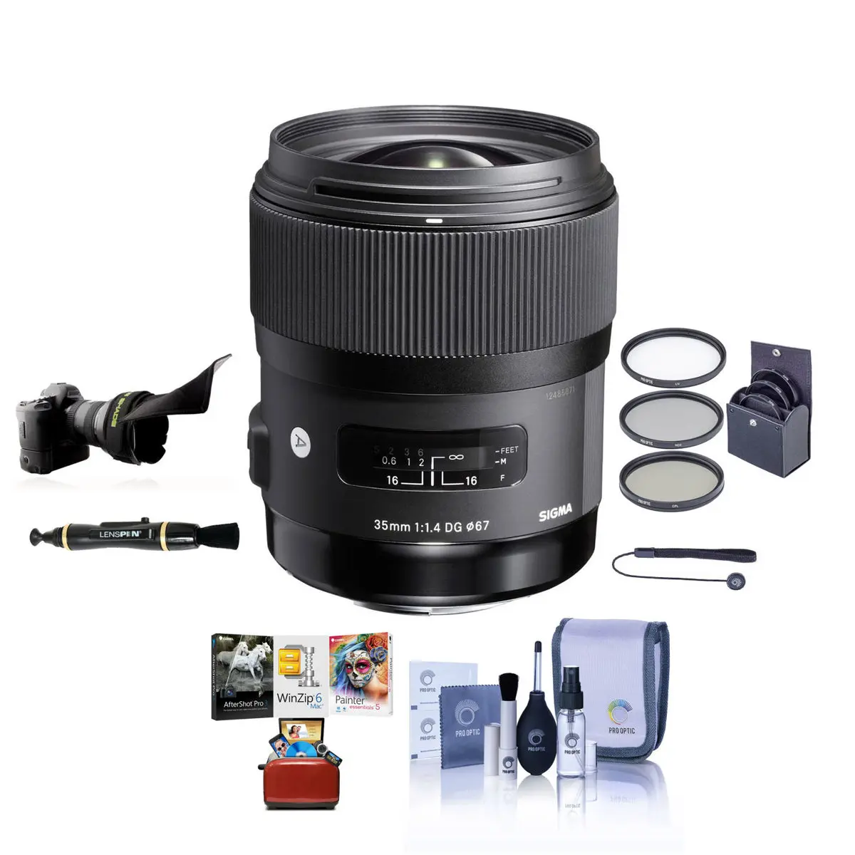 Sigma 35mm f/1.4 DG HSM ART Lens for Nikon F, Bundle with ProOptic 67mm Filter Kit, Flex Lens Shade, Cleaning Kit, Lens Cap Tether, Lens Cleaner, Mac Software Kit