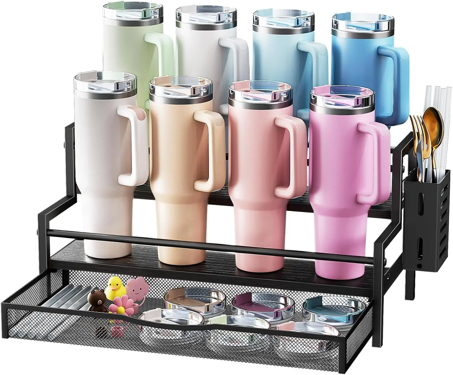 Water Bottle Organizer for Full Stanley 40 oz Tumbler with Handle, 2 Tier Tumbler Organizer for 8 Cups, Kitchen Pantry Organizers and Storage for Owala Stanley Cup Accessories, Black