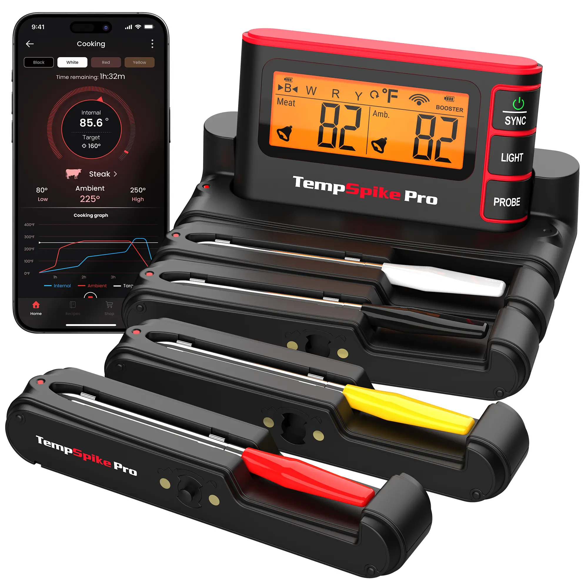 TempPro TempSpike Pro TP980 Portable Meat Thermometer Utensil with Handle, WiFi-Bluetooth Wireless, Waterproof Stainless Steel-Ceramic Detachable Thin Probe, Standalone Base, 1050°F Range for Grill & Kitchen Use, Utensils