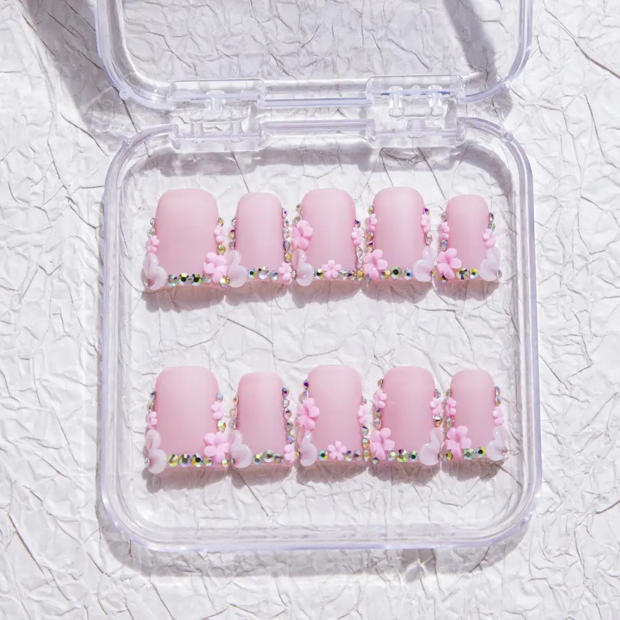 Iridescenal 10pcs the duck press on nails,Y2K style, 100% handmade，reusable ,Nude nails, paired with colorful rhinestones, pink small flowers, and white carvings，suitable for daily wear and matching, and also the best gift for girls and ladies