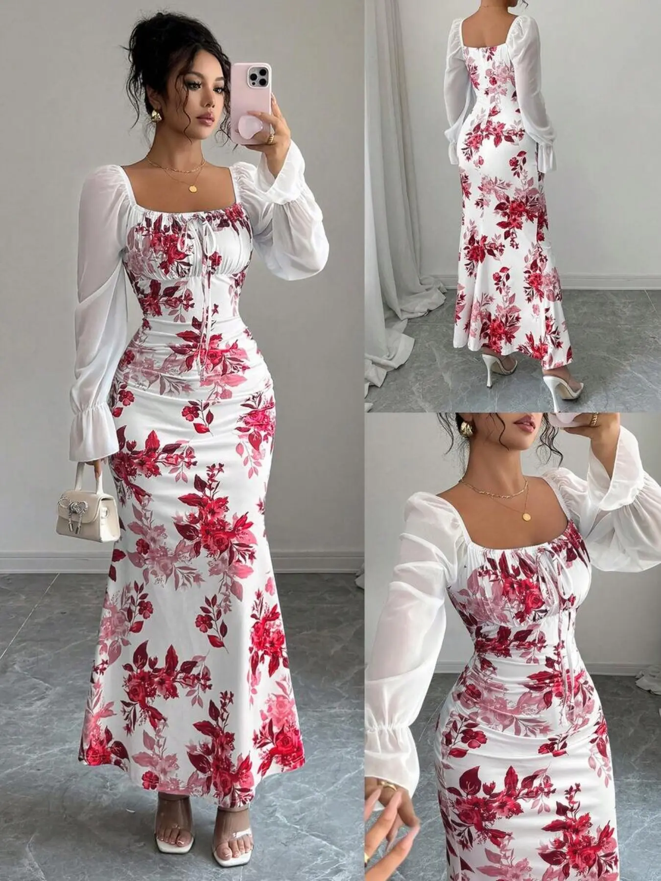 New Women's Square Neck Bow Chiffon Floral Print Long Sleeve Bubble Sleeve Dress, Perfect for Dates, Parties, Daily Wear, Casual Wear, Slimming Waist, Elegant Youthful, Spring Summer Fall