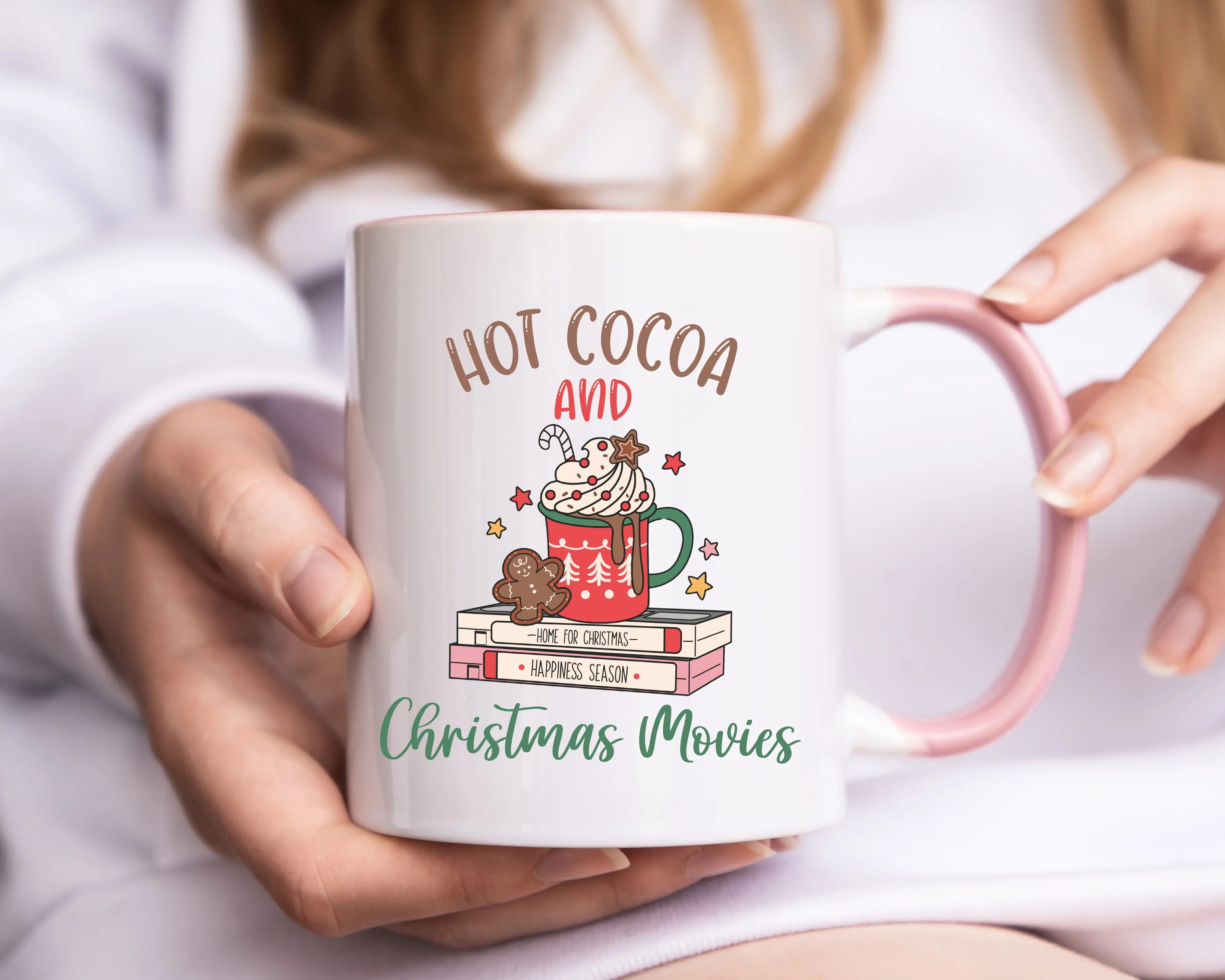Festive Gingerbread Christmas Movie Mug with Pink Handle - 11oz Ceramic Drinkware for Hot Cocoa and Coffee