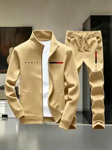 Men's Streetwear Tracksuit 2-Piece Set with PARIS Letter Print, Zip-Up Jacket and Jogger Pants tiktokshopspringglowup