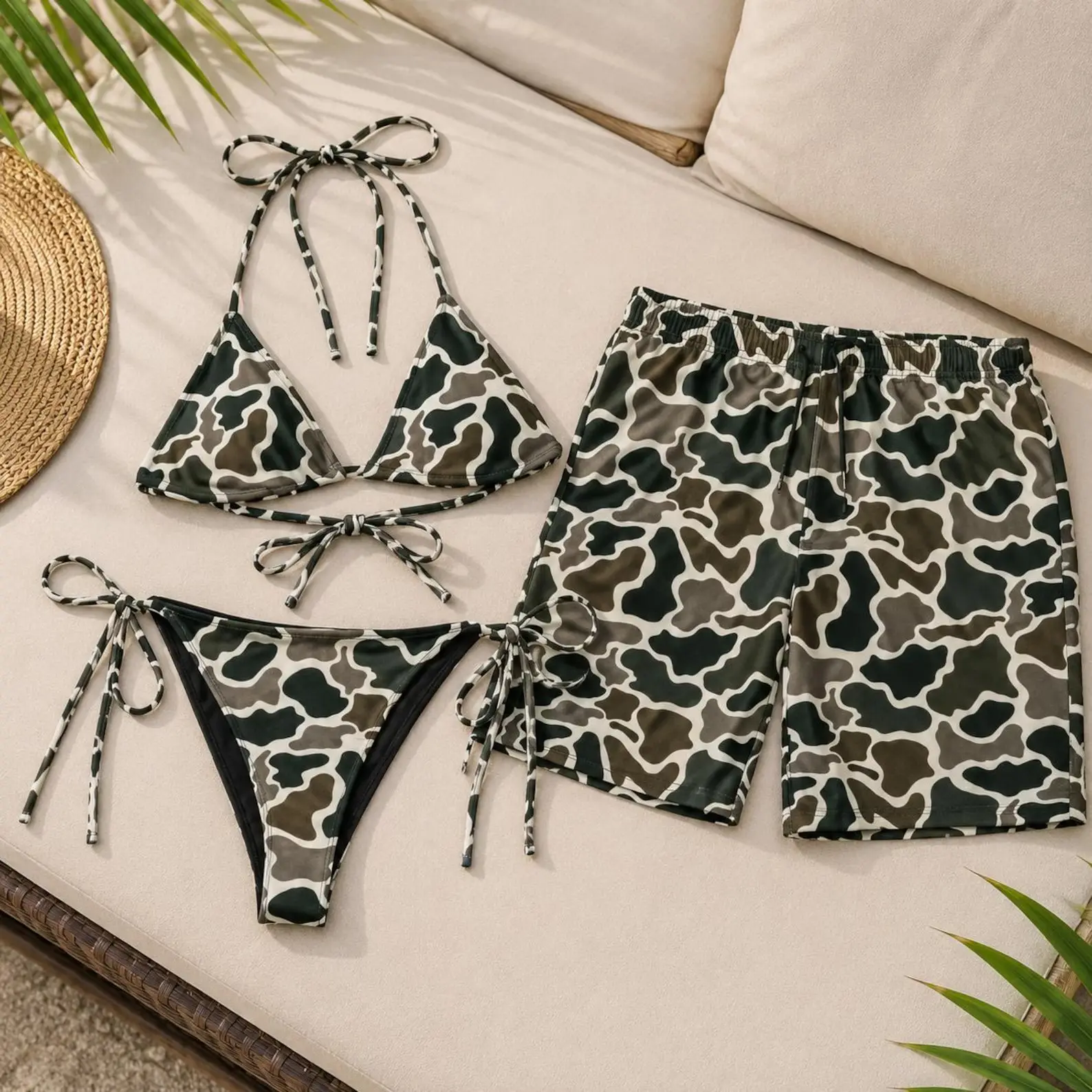 Green Camo Matching Couple Swimsuits Set, BF and GF Matching Swimsuits, BF and GF Swimsuits, Panther Pattern Printed Bikini Set for Women, Swimwear Set for Couples, Couple Trendy Bikini And Hawaii Short, Summer Beach Vacation Outfit