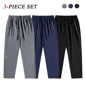 Men’s Summer Ice Silk Quick-Dry Long Pants — Available in 3-pack or 2-pack; loose straight-leg, breathable athletic pants suitable for running and training