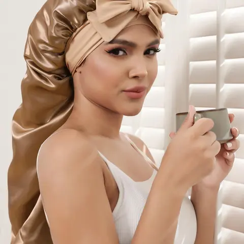 1pc /light Single Layer Long Tie Sleep Cap, Elastic Hair Bonnet, Loose-Fitting Casual Plain Design, Suitable for All Seasons, Comfortable Nightwear Accessory