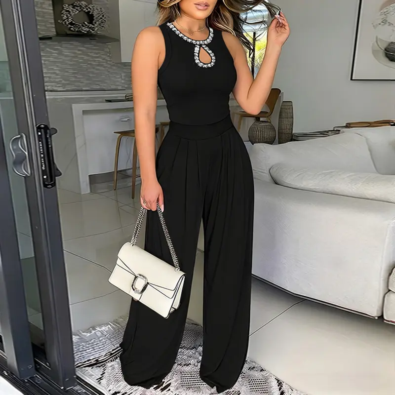 CHICME Women's Rhinestone Decor O-neck Sleeveless Pleated Overalls Elegant Cinched Waist Zipper Back Wide Leg Jumpsuit with Hollow Water Drop