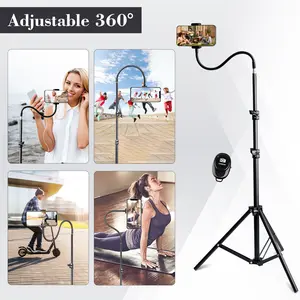 63" high cell phone tripod stand, flexible gooseneck cell phone tripod stand, gooseneck is about 13.7", adjustable for iPhone stand, iPhone tripod stand for recording and watching cooking fitness smartphone use Headphones cellphone mount Headset