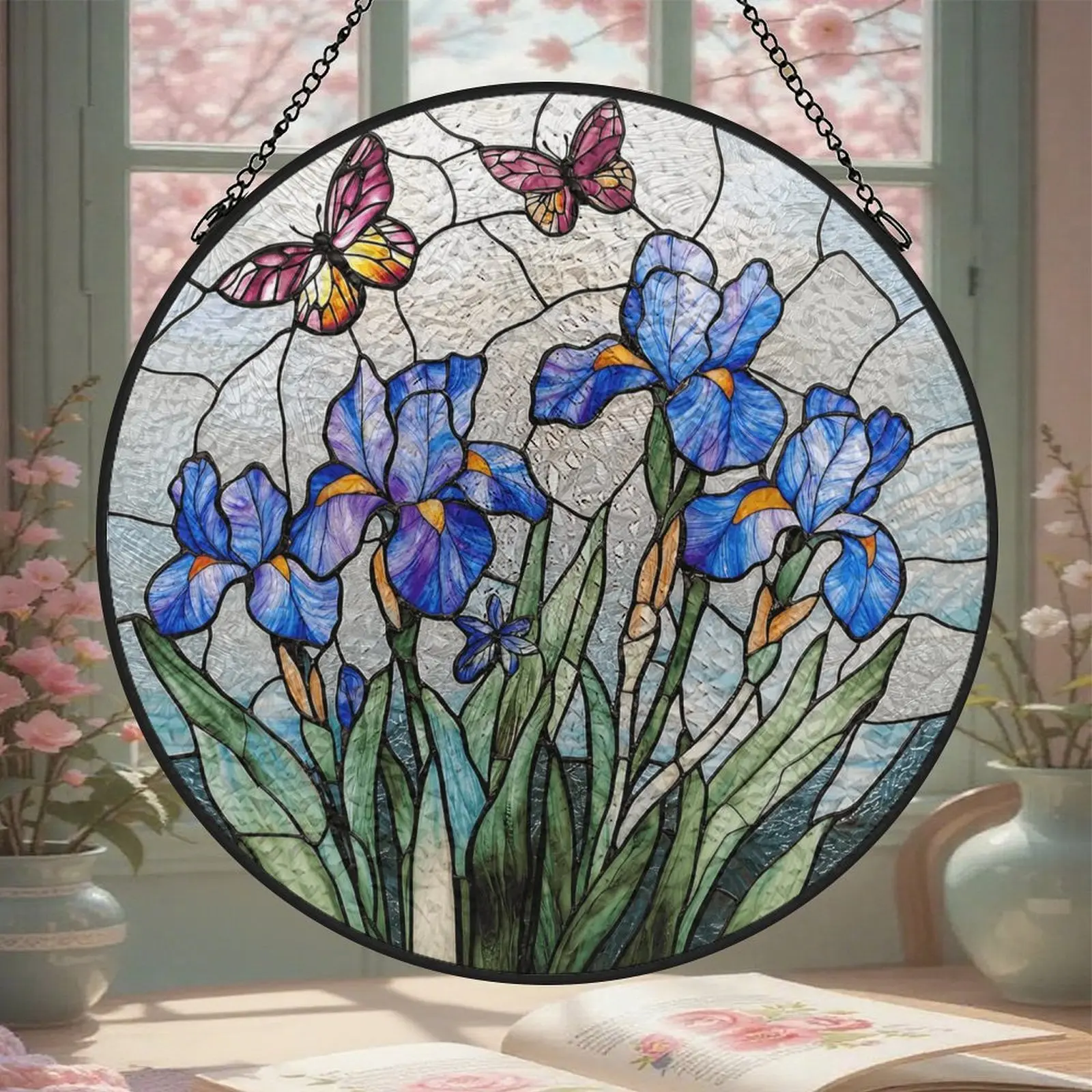 Stained Glass Window Hanging Suncatcher - Metal Frame Blue Iris Flowers, Butterflies, Double-Sided UV Printed Rich Tones Glass Panel with Light, Multi-Size (5.3in/6.3in/7.8in) Home Decor Decoration for Women, Door Prosperity Christmas Ornament