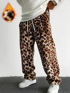 Vintage Leopard Print Soft Fleece Straight Leg Pants, Wild Street Style, Loose Fit, Comfortable for Spring and Fall, Casual Daily Wear, Everyday
