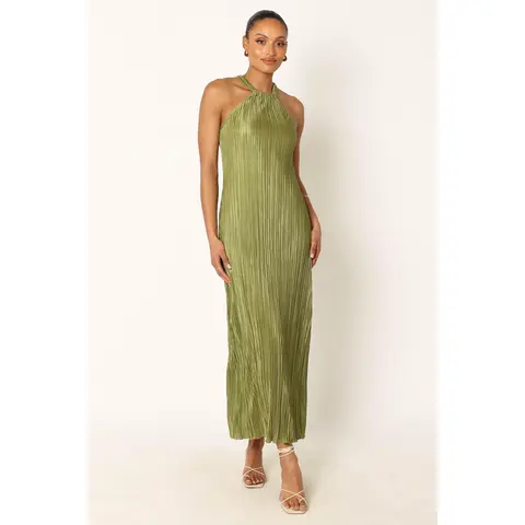 Women's Casual Wear Plissé Halter Neck Maxi Dress - Sleeveless, Pleated, Olive