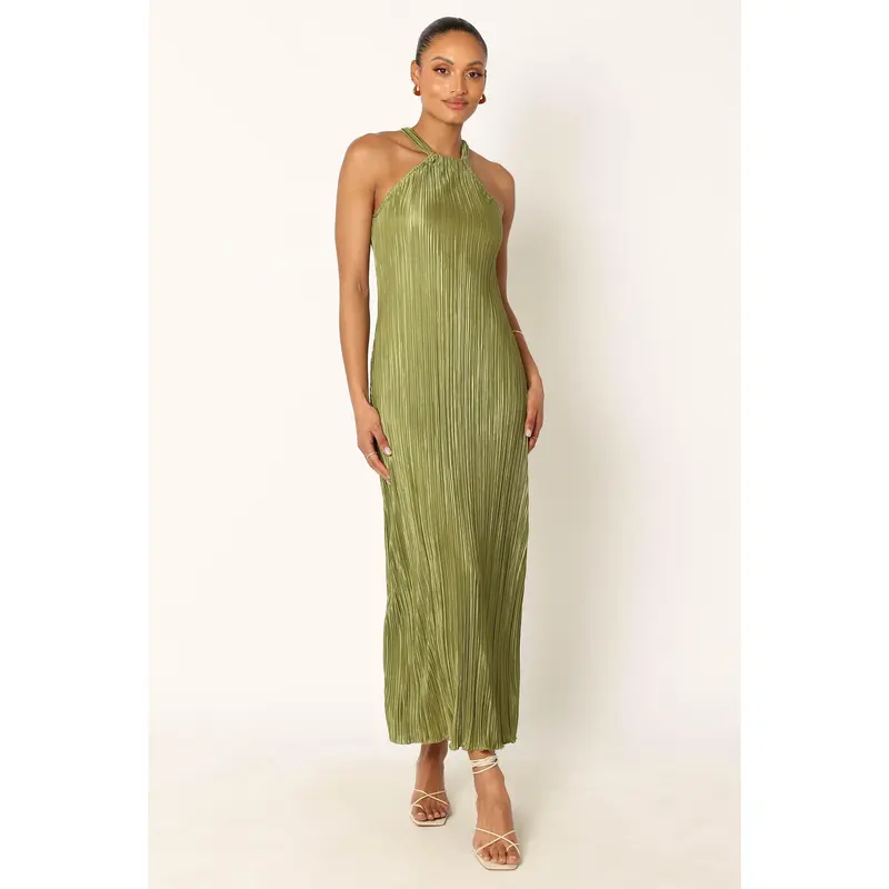 Women's Casual Wear Plissé Halter Neck Maxi Dress - Sleeveless, Pleated, Olive