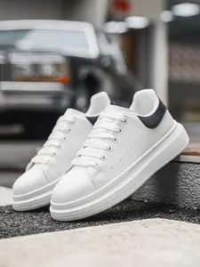 Men's/Women's Chunky Platform Trainer Sneakers, White with Black Heel, Premium PU Leather Upper, Breathable Perforated Design, Thick Cushioned Sole, Casual Skate Shoes for Daily Wear & Street Fashion