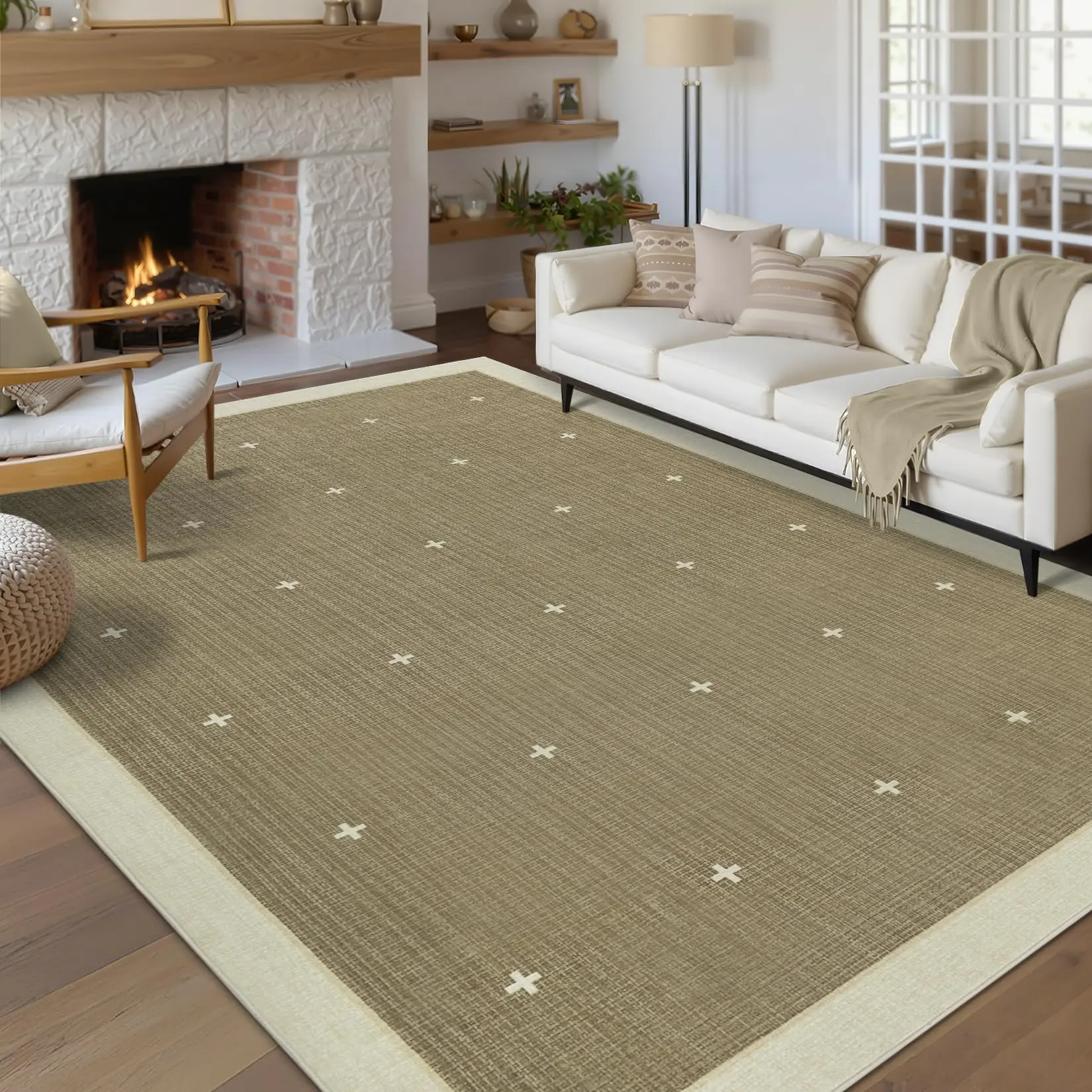 Large Rug 10x14 Area Rugs for Living Room Jute Color Playroom Rug Washable Non Slip Soft Bedroom Rugs Foldable Low Pile Stain Resistant Carpet for Nursery Dining Room Classroom, Jute Color