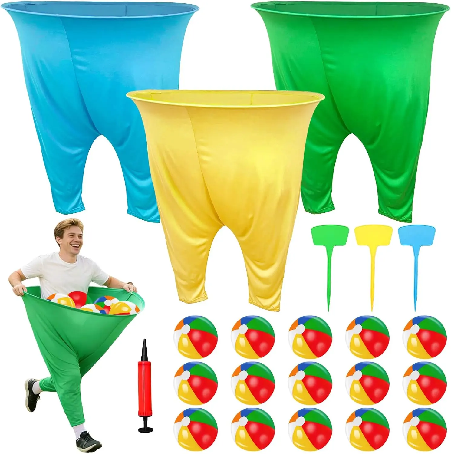 22pcs Granny Pants Yard Game, Oversized Giant Stretchy Pants Outdoor Game with 15 Inflatable Balls ,3 Stakes& Bicycle Pump, for Birthdays, BBQs, Beach and Backyard Games
