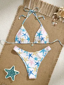 2026 Women's New Summer Starfish Shell Print Sexy Fashion Tie Beach Vacation Casual Bikini Two-Piece Set, Fitted, All Seasons, Starfish Swimsuit, Swimsuit For Beach