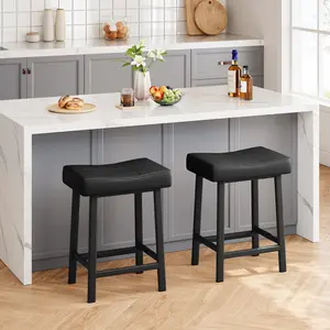 Set of 2 Counter Height Bar Stools, 24 Inch Black Upholstered Padded Saddle Chairs with Curved Cushion Metal Frame, Sturdy Comfortable, Kitchen Island Seating, Easy Assembly