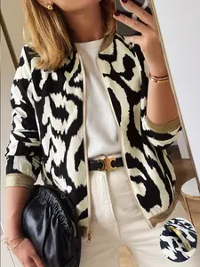 Women's Fashion Baseball Jacket, Collar, Zipper Closure, Practical Pockets, Floral Animal Print, Fall Winter Streetwear