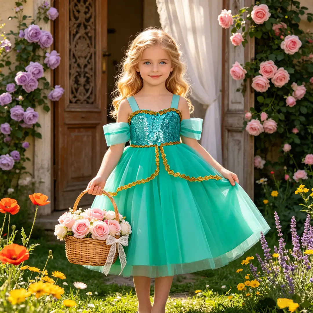 Girls' Princess Jasmine Performance Costume - Short Sleeve Dress with Floral Embroidery, Princess Look Children's Dancewear
