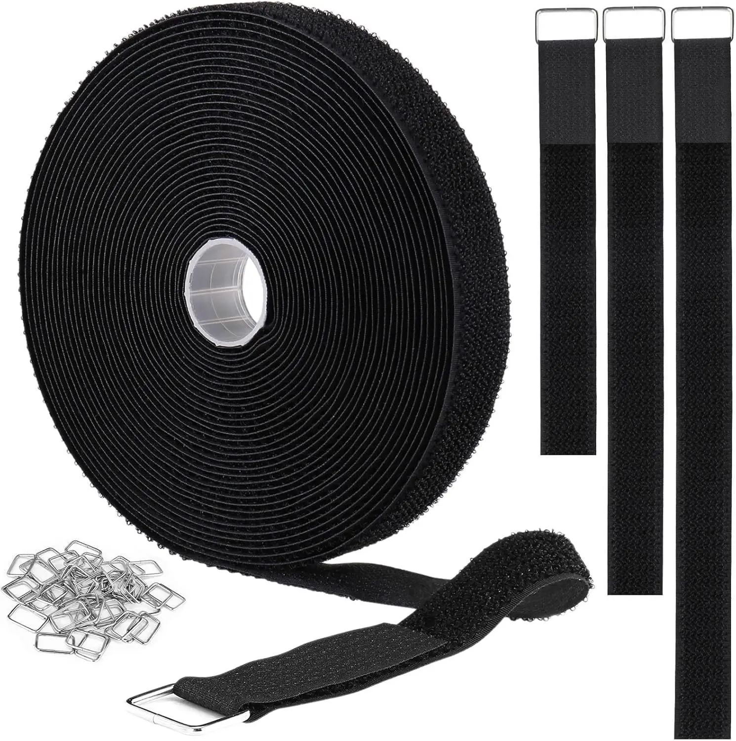 Adjustable Hook and Loop Straps with 50 Metal Buckles, Fastening Cable Straps, Cut-to-Length Cinch Strap, Reusable Nylon Securing Cord Ties for Organizer or Storage