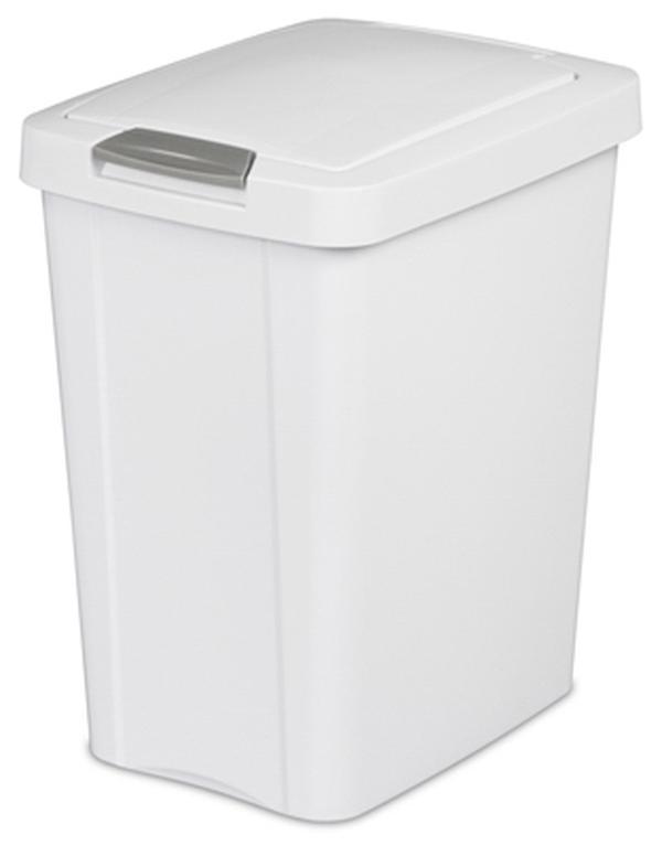 Sterilite 7.5 Gal (28L) Polished Plastic Touch-Top Wastebasket Bin Set, White Narrow Kitchen Trash Can with Secure Latch, Slim Profile Home Trash Can for Kitchen, Bedroom Use, Pack of 4