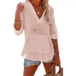 Imily Bela Essentials Women's Beach Cover Up Hoodies Sweatshirt Long Sleeve V Neck Pocketed Hooded Shirt Top