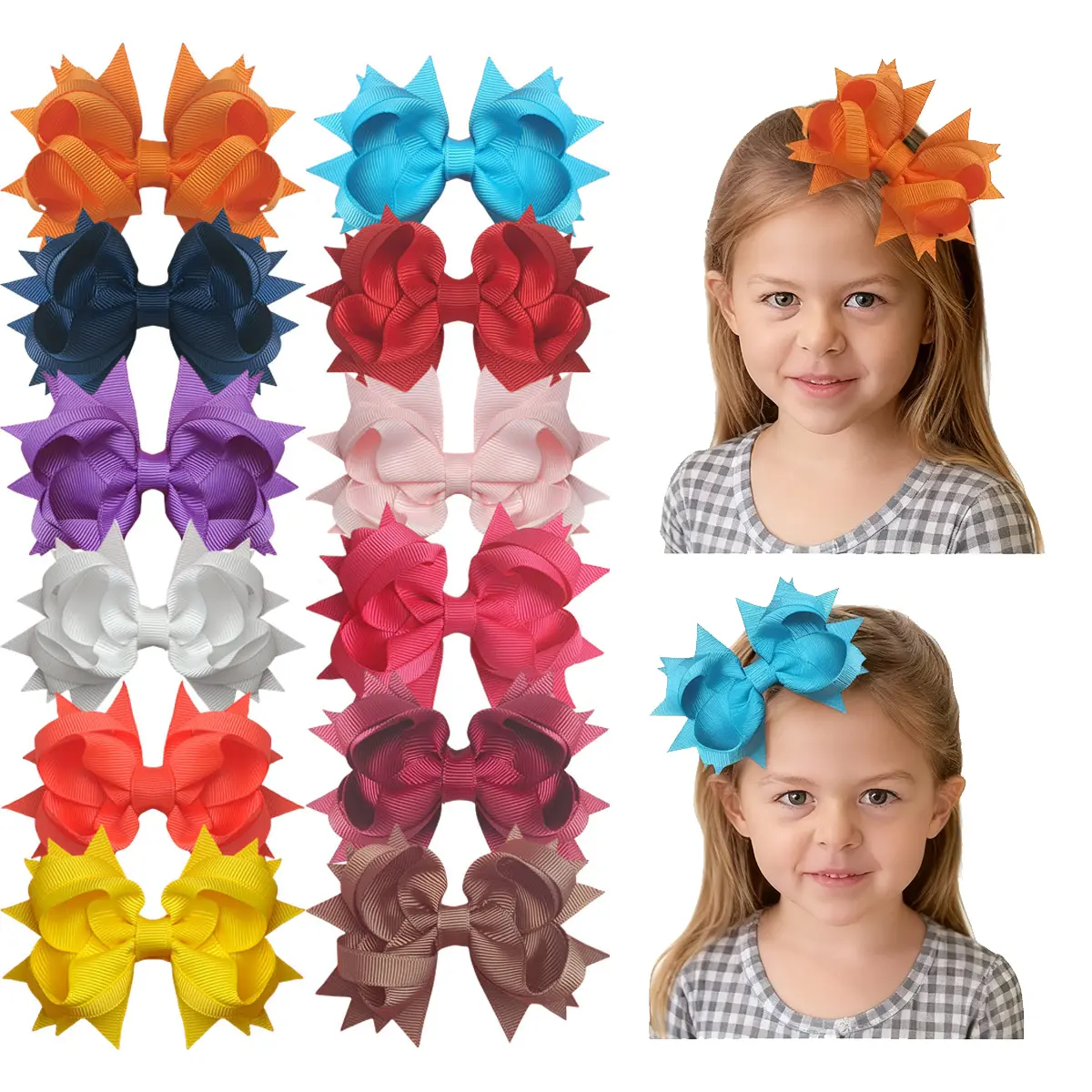 Summervibes JoyBowie 4-inch 12-piece Set Of Plain Ribbon Bow Hair Accessories, Soft And Skin-friendly, Hair Bows For Girls.Hair Bows. Barrettes Birthday School Party