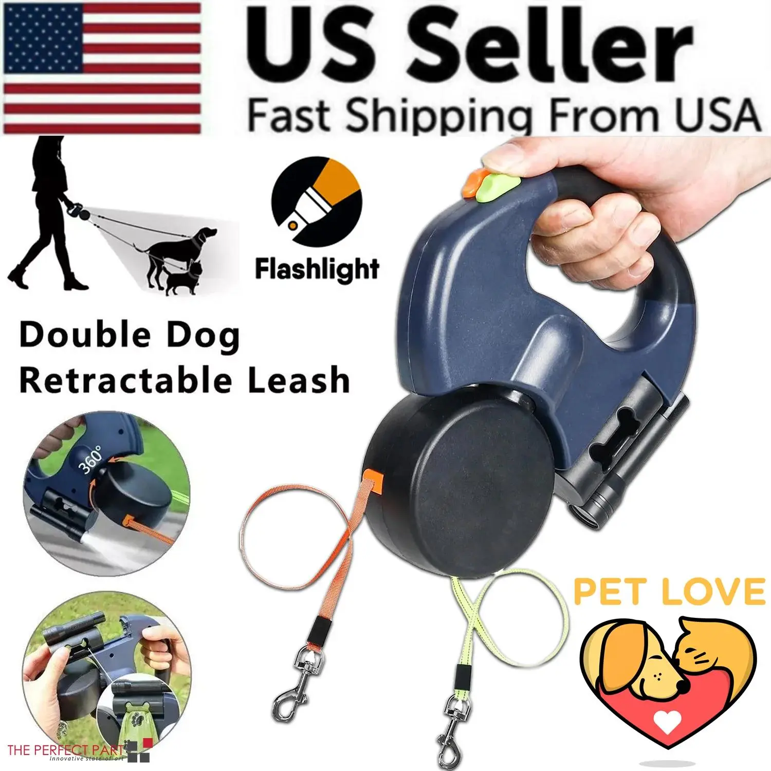 Pet Love Dual Pet Leash Retractable Reflective Lead 360 Swivel Double Dog Walking Leash with Flashlight by US Seller Fast Shipping from USA