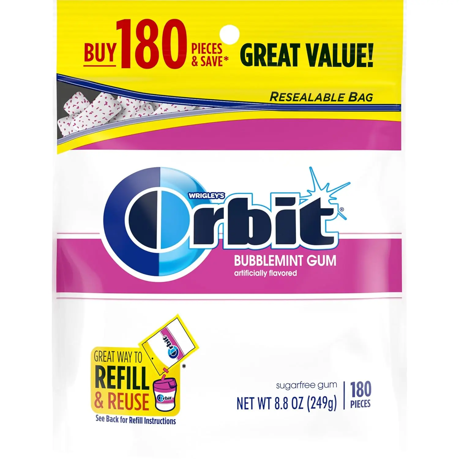 ORBIT Gum Bubblemint Sugar Free Chewing Gum Bulk, 180 Piece Resealable Bag, Bubble Gum Bulk
