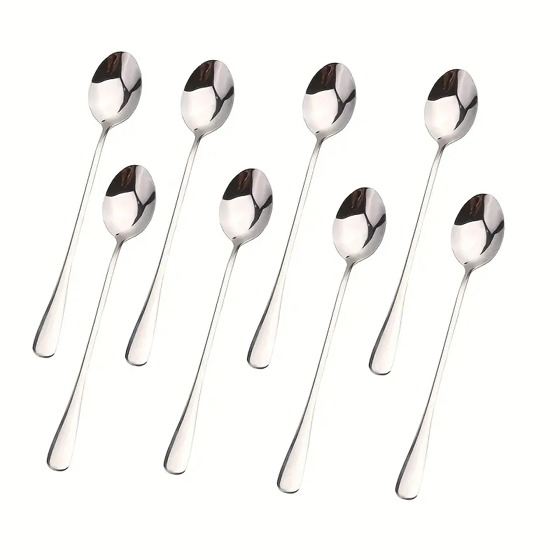 8pcs, Stainless Steel Utensils Long Handle Ice Tea Spoon, Coffee Spoon, Ice Cream Stirring Spoon, Kitchen Accessories, Home Bar Accessories