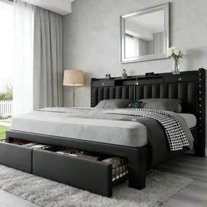 TryLazy Upholstered Flatform Bed Frame with 4 Storage Drawers No MATTRESS Queen Size Wood Slats Holds 900lbs No Noise No Box Spring Needed Full King Twin White Rivet Design USB Socket