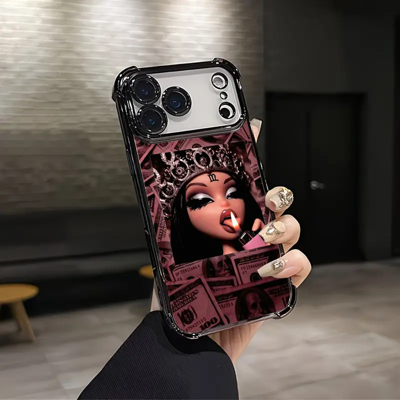 Pink Tone Dollar Bill Crown Virgo Queen Cartoon Baddie Hip Hop Street Aesthetic Design Pattern Casing For iPhone 17 16 15 14 13 12 Samsung 22 23 24 25 Plus Pro Max Ultra Soft Silicon TPU Shockproof Protector Vintage Unique Fashion Mobile Phone Case, Silic