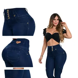 Ref HA09 Un Cargo Azul Cintura reloj de arena Ultra Power Strange High Waist Five Buttons Side Pockets Panty Against Pin Lines
