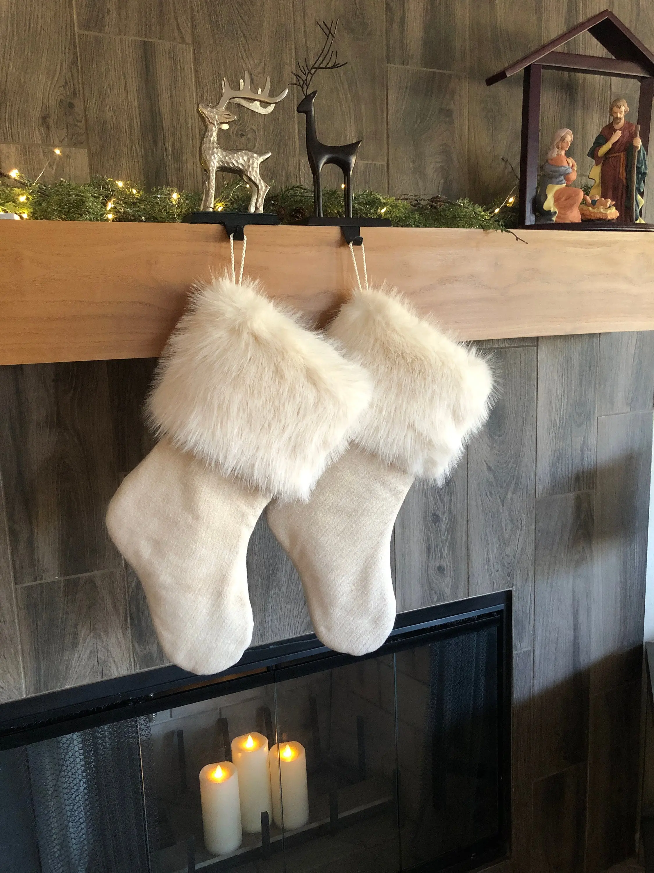 Winter White Arctic Wolf Faux Fur and Wool Christmas Stocking - Festive Home Decor