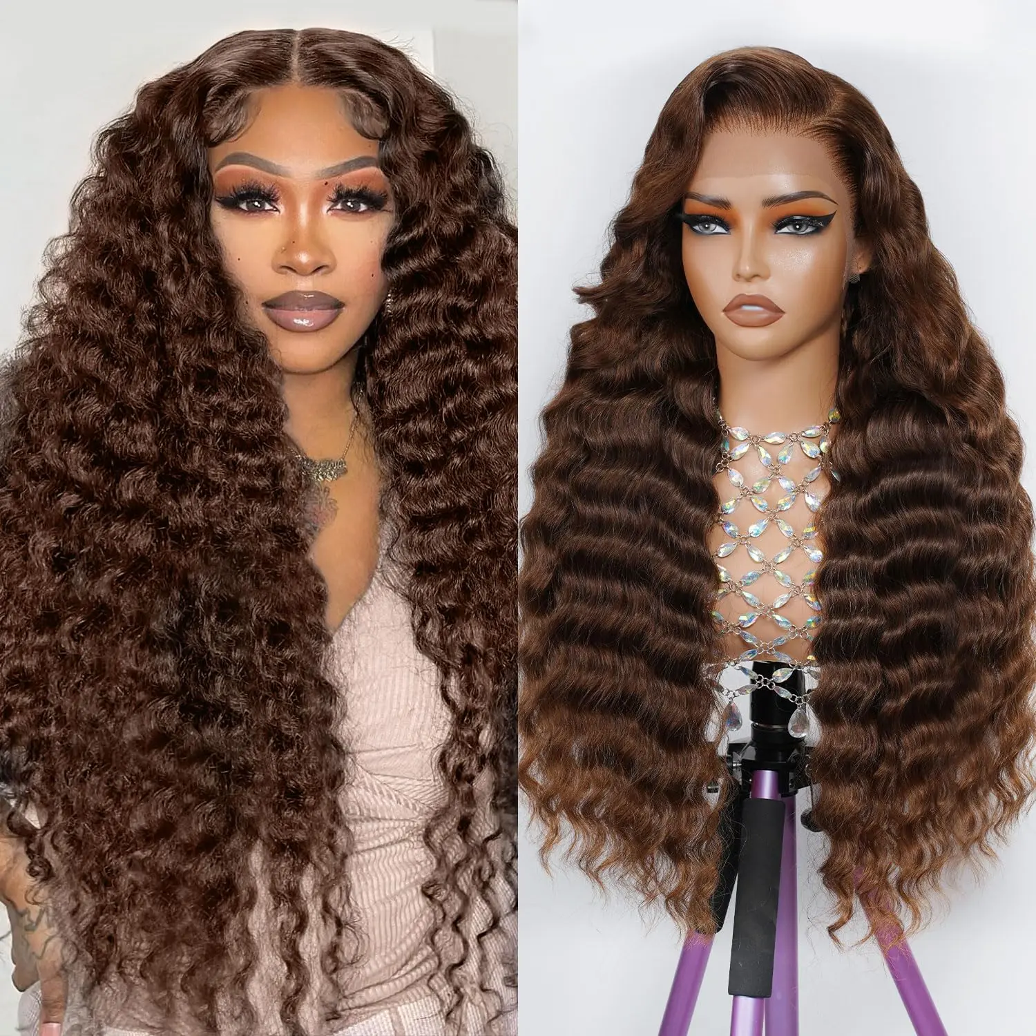 30 inch Chocolate Brown Deep Wave 13X6 HD Transparent Lace Front Wigs Human Hair 10A Grade Human Hair Wigs for Black Women Pre Plucked with Baby Hair 180 Density