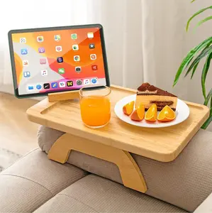 SINWANT Couch Arm Tray,Bamboo Sofa Clip on Side Table,Foldable Couch Armrest Table with 360° Phone Holder,Food Trays for Eating/Drinks/Snacks/Remote 15.35" x 9.8" coffee desk mesa para trinket shelf lap caddy coucha rm leg stand tabletop thick furniture