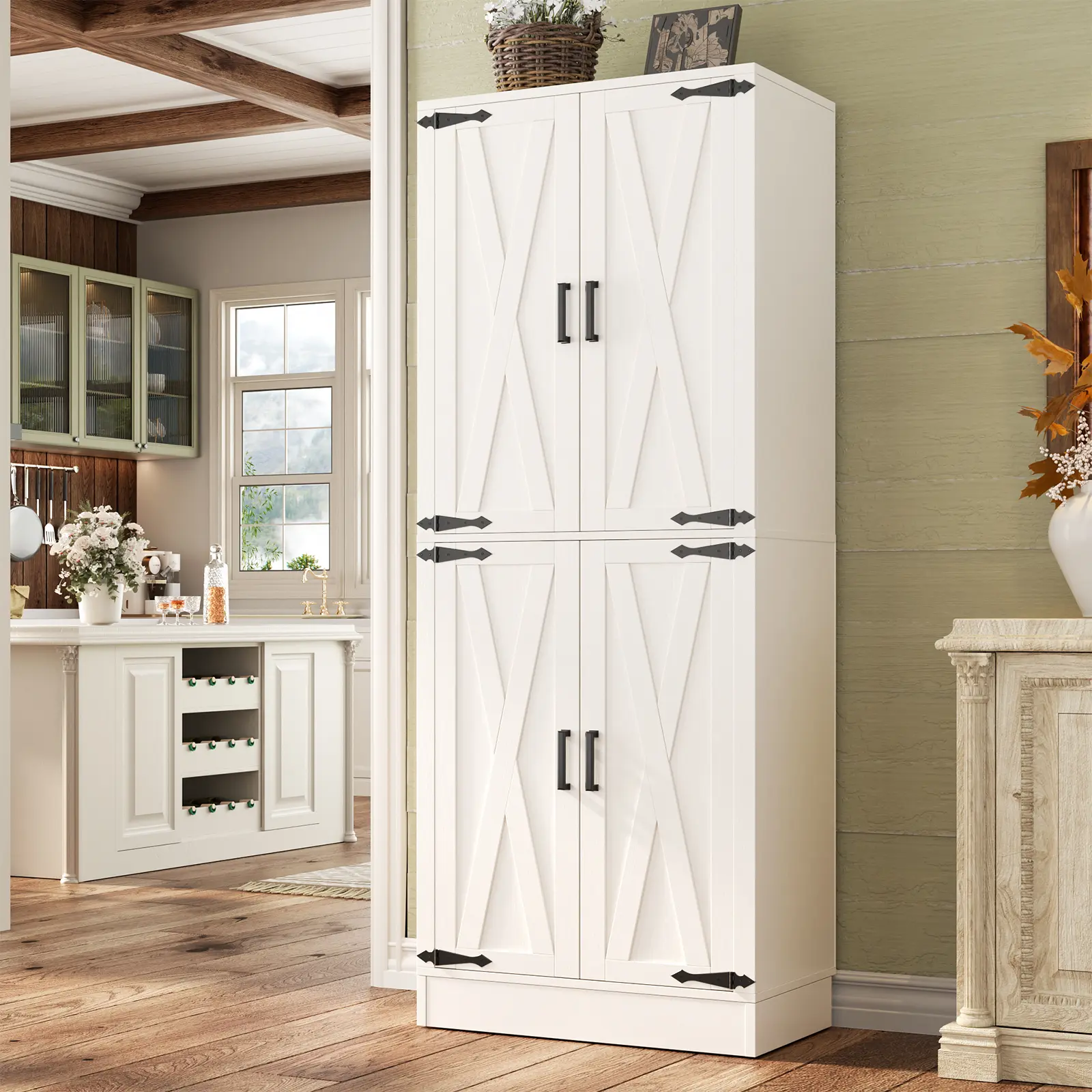 71" Tall Farmhouse Storage Cabinet with 4 Barn Doors ＆ Large Drawer, Sturdy Kitchen Food Pantry Cabinet Versatile for Kitchen, Entryway, Bathroom,dorm essentials,home decor
