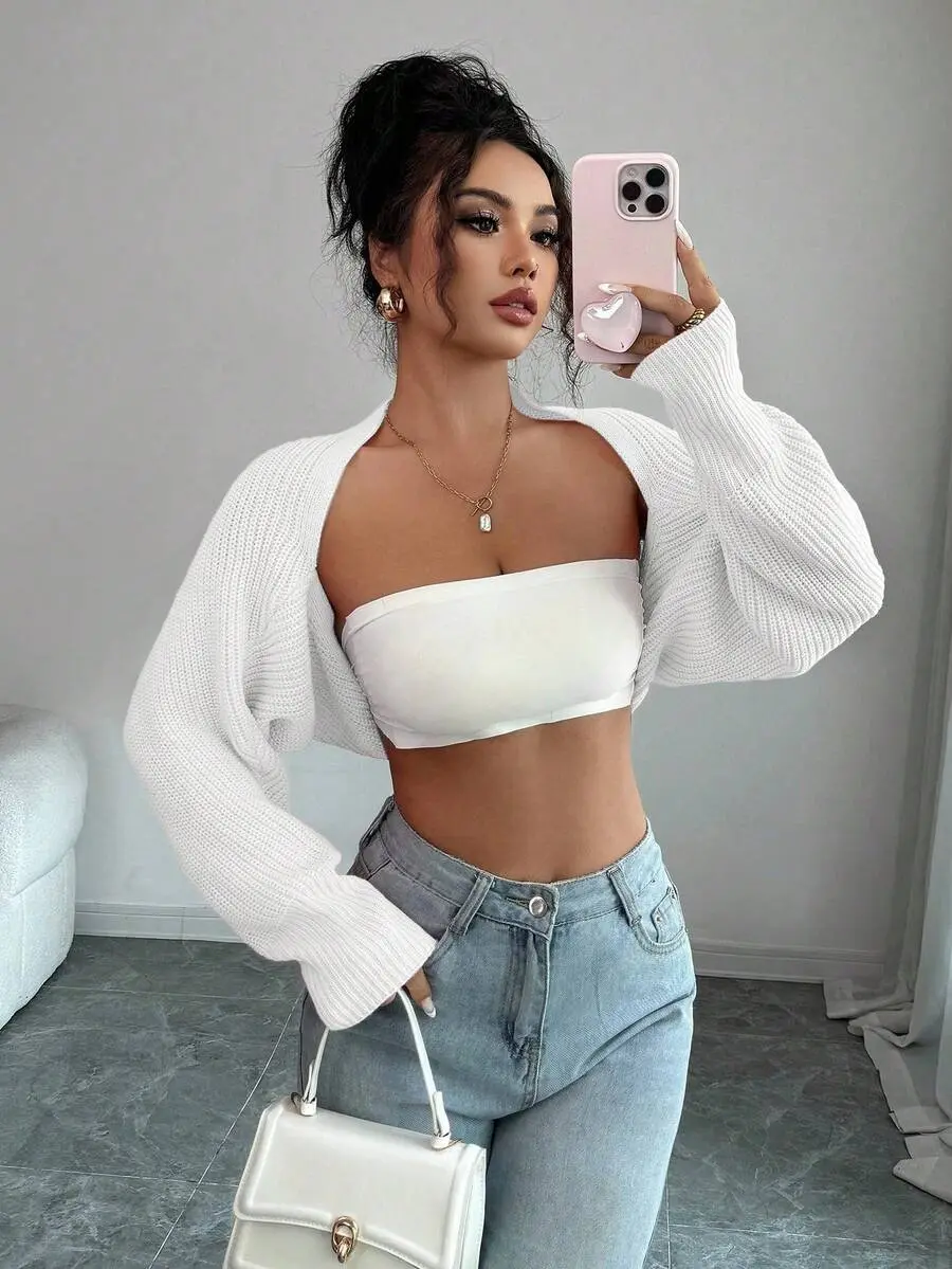 Women's Cropped Cardigan Ribbed Knit Asymmetrical Hem Slim Fit Sweater for School and Commute