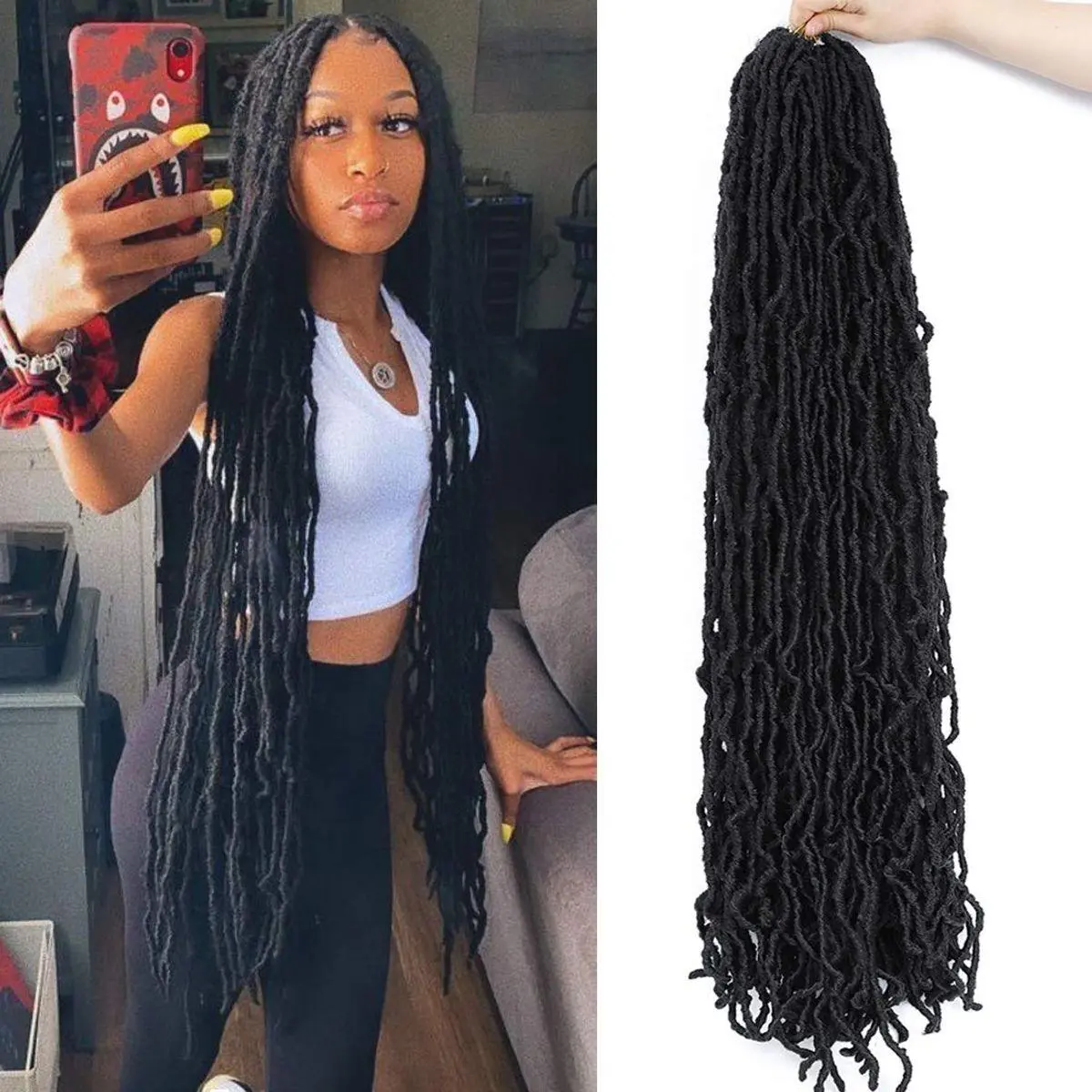 36Inch Soft Locs 6packs Super Long Goddess Locs Crochet Hair Natural Pre Looped Natural Faux Locs Crochet Braid Curly Wave Braiding Hair（36inch #1b 6packs)