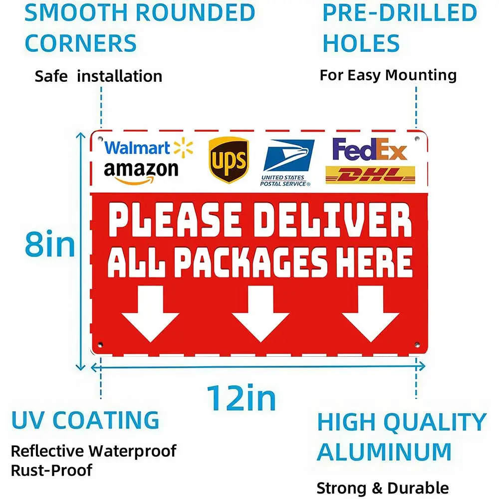 Vintage "Please Deliver All Packages Here" Lightweight Aluminum Metal Flat Decorative Front Porch Plaque and Sign, 12x8 in Home Decor Gift for Outdoor Yard & Decorative Wall Accessory